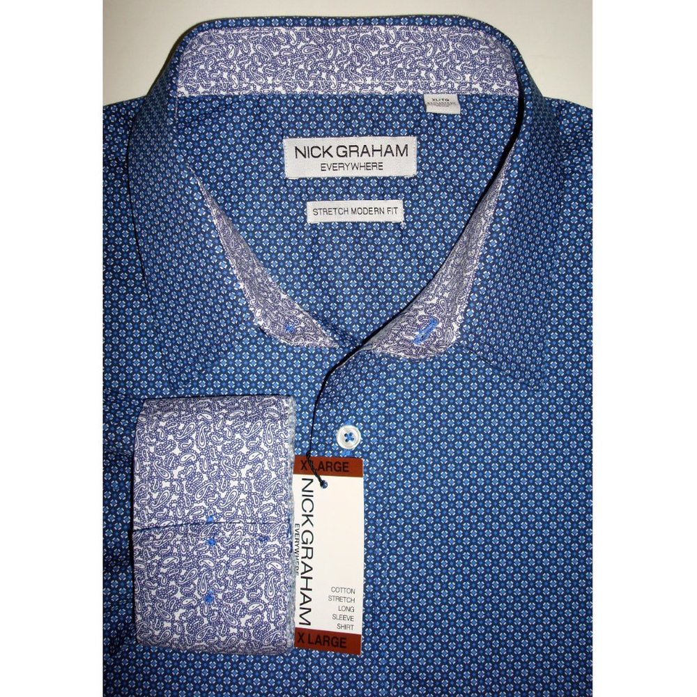 New! NICK GRAHAM Blue Geometric Flip Cuffs Shirt